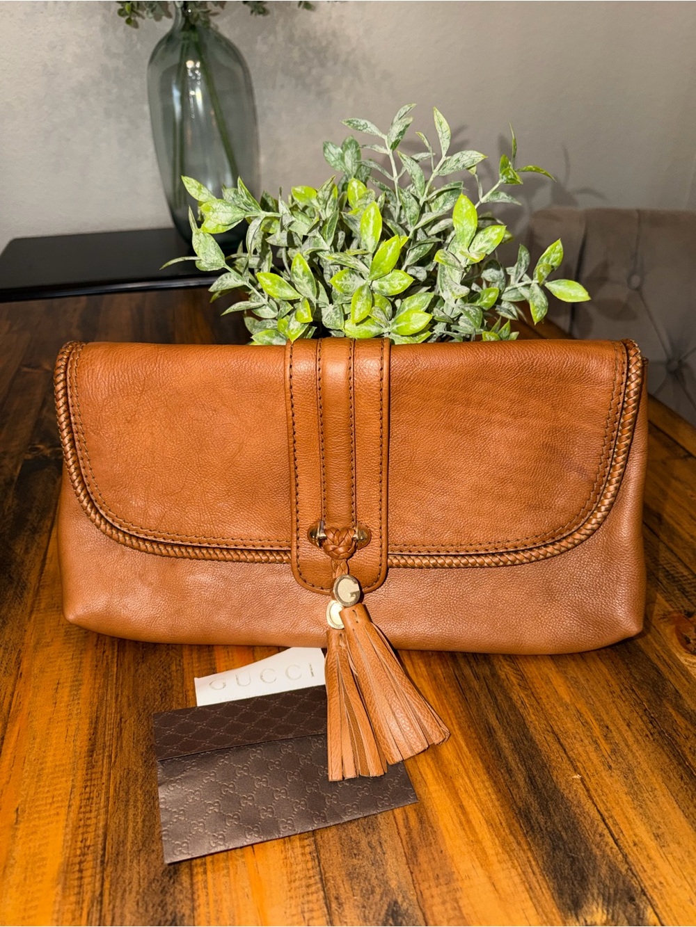 GUCCI Leather Marrakech Tassel Clutch - Tan - Picture 12 of 16
